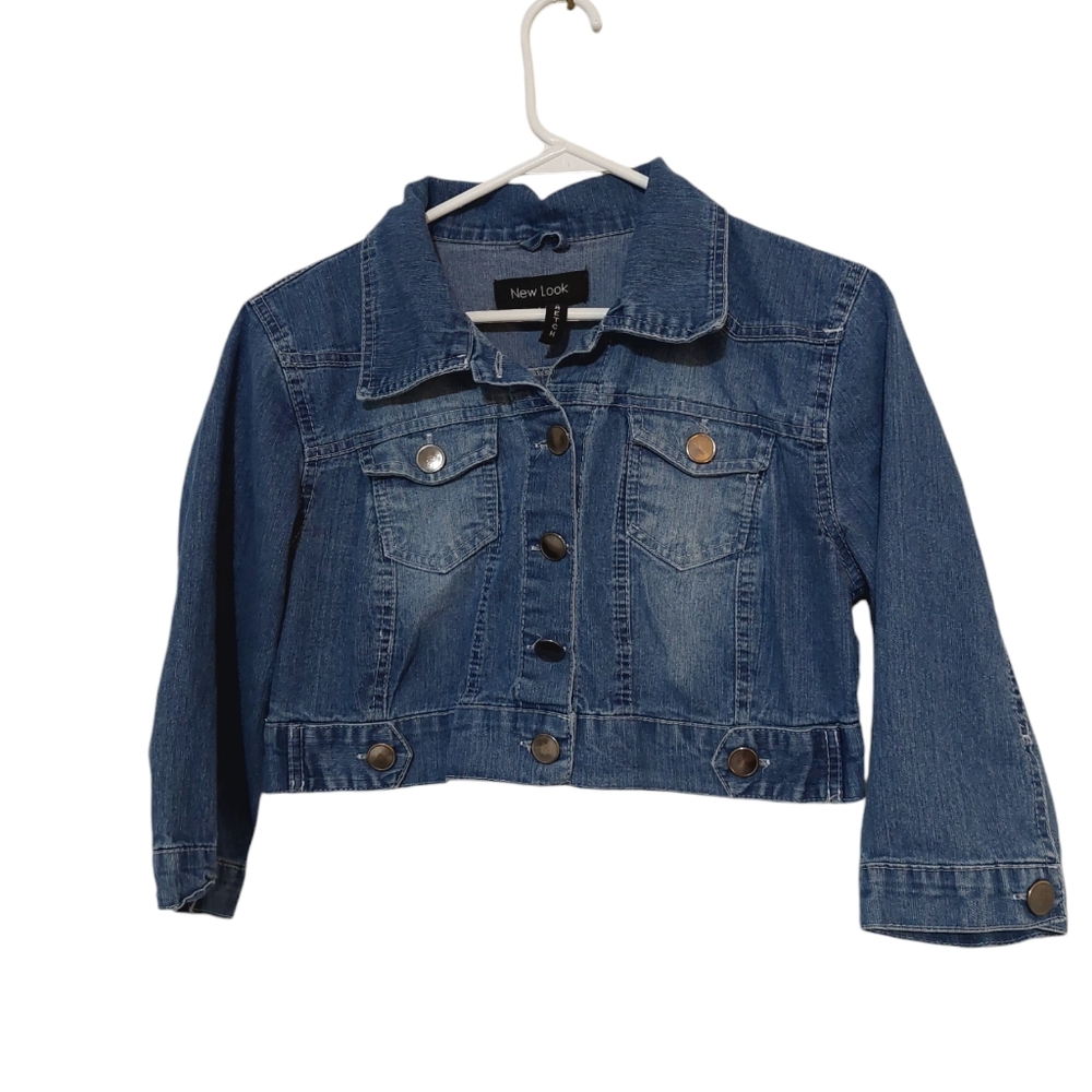 New Look Girls Cropped Denim Jean Blue Jacket Stretch Size Large Distressed